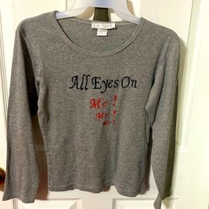 Lati Fashion long sleeve junior top with words.  ”All Eyes On Me”; size: medium